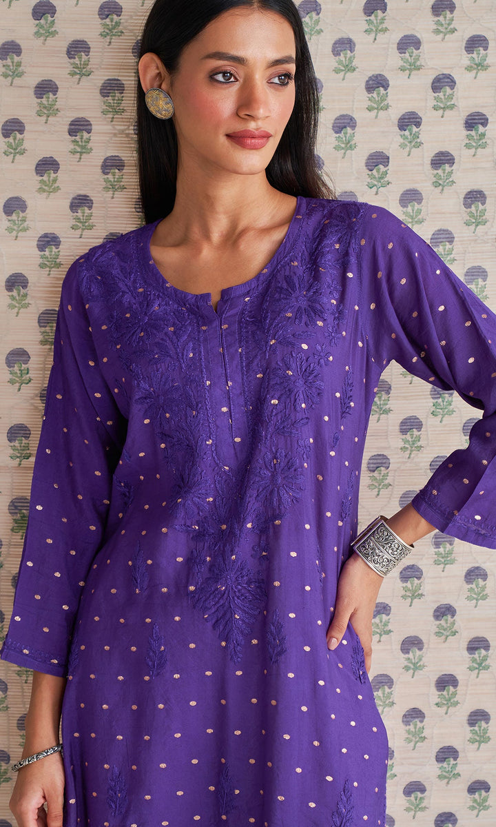 Handcrafted Chikankari Purple Straight Kurta