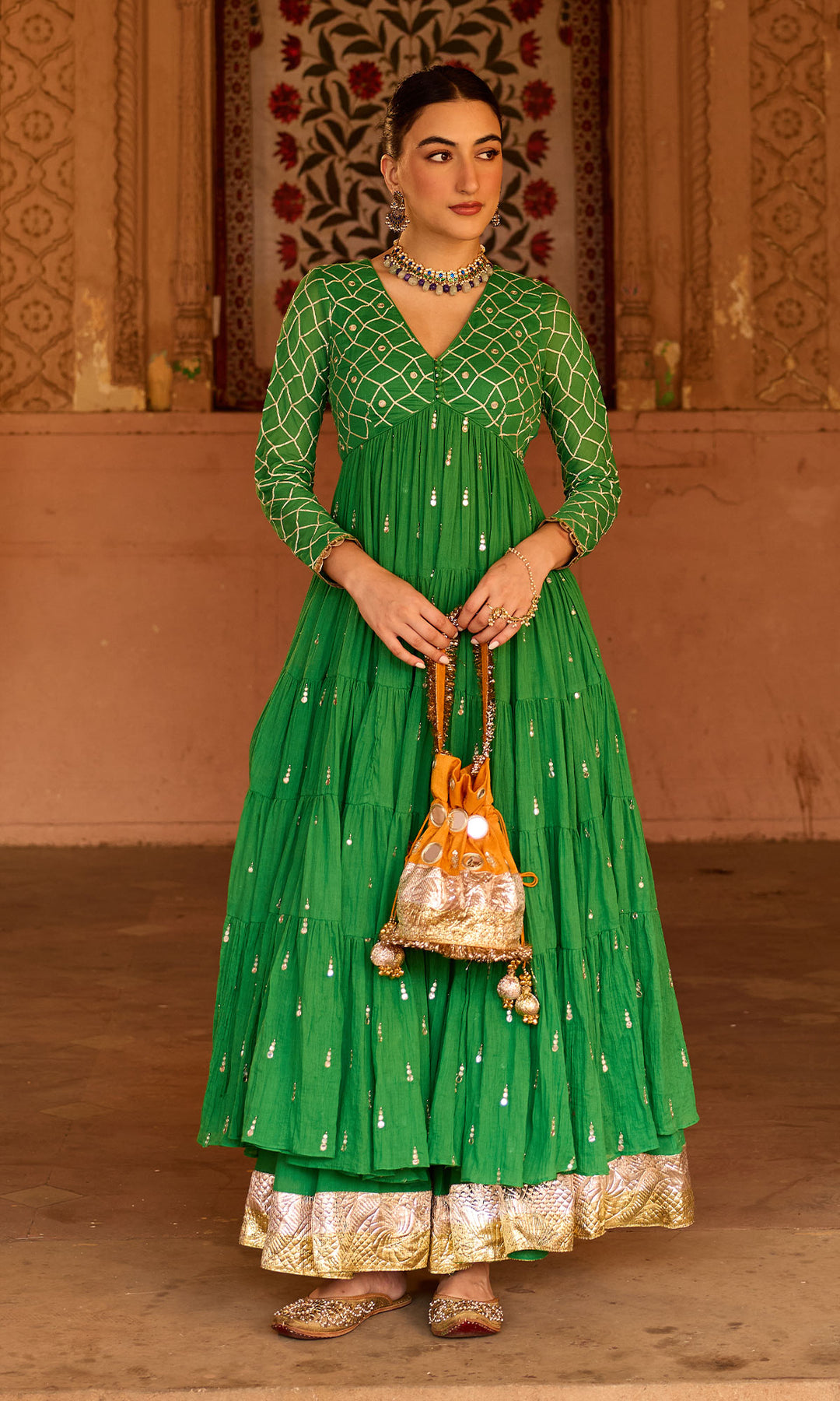 Phillauri 2 green gota work yoke anarkali with sharara and foil print dupatta (set of 3)