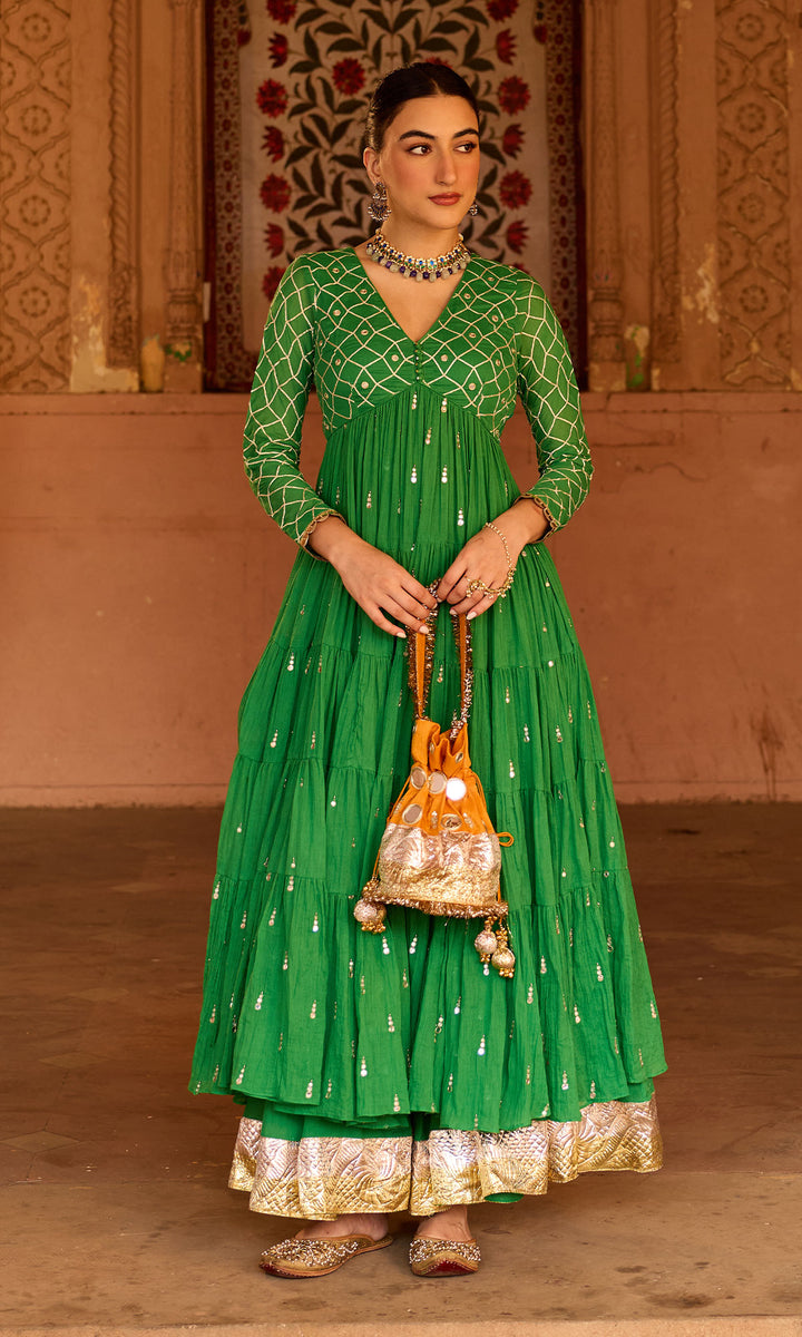 Phillauri 2 green gota work yoke anarkali with sharara and foil print dupatta (set of 3)