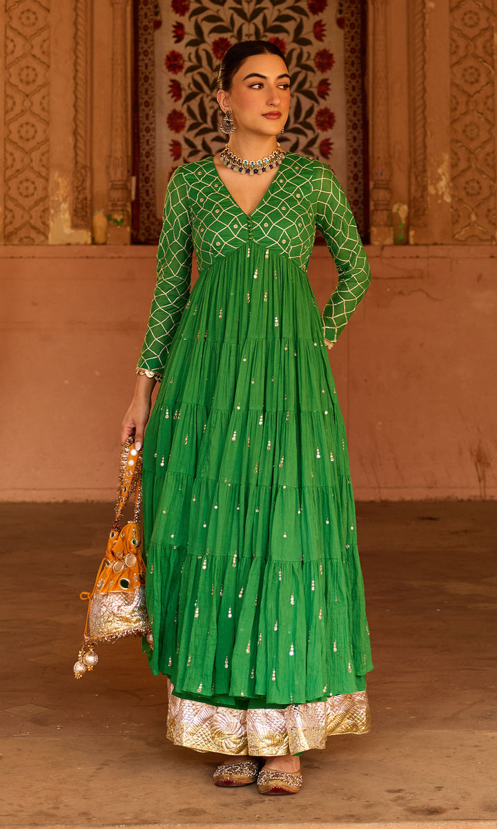 Phillauri 2 green gota work yoke anarkali with sharara and foil print dupatta (set of 3)