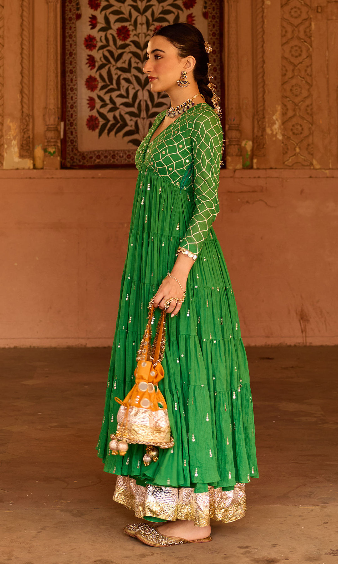 Phillauri 2 green gota work yoke anarkali with sharara and foil print dupatta (set of 3)