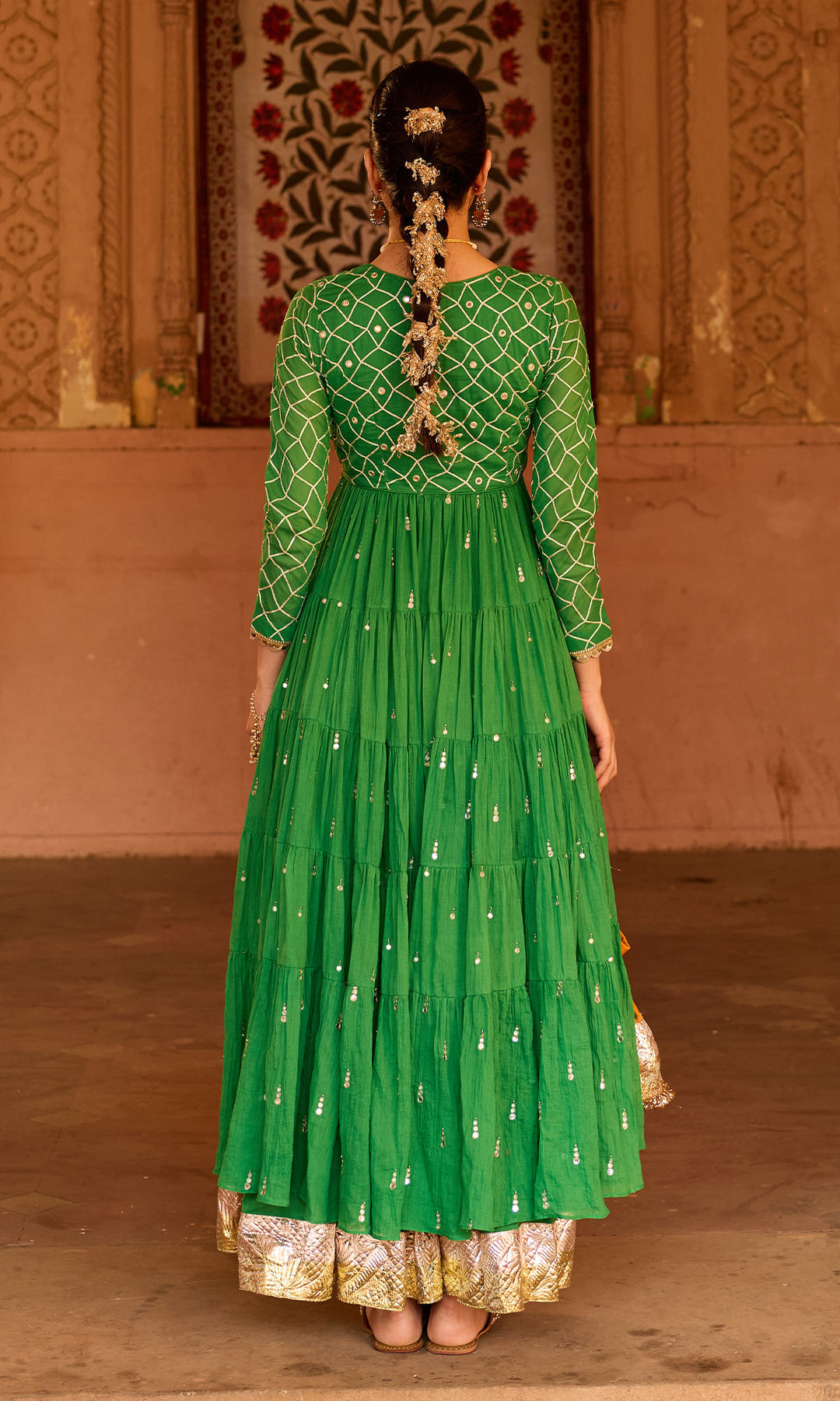 Phillauri 2 green gota work yoke anarkali with sharara and foil print dupatta (set of 3)