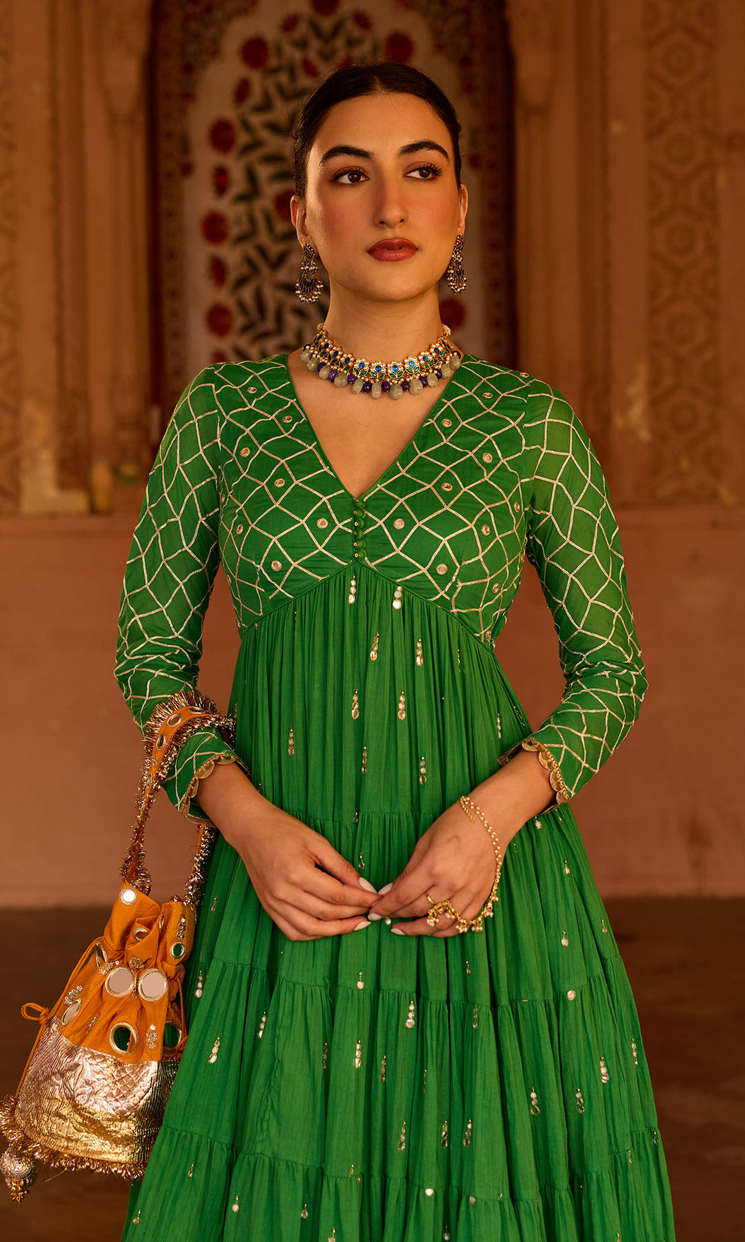 Phillauri 2 green gota work yoke anarkali with sharara and foil print dupatta (set of 3)