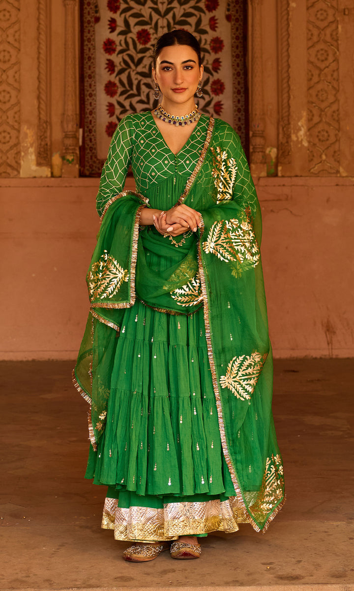Phillauri 2 green gota work yoke anarkali with sharara and foil print dupatta (set of 3)