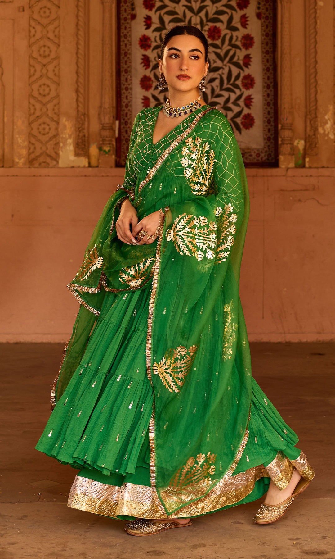 Phillauri 2 green gota work yoke anarkali with sharara and foil print dupatta (set of 3)