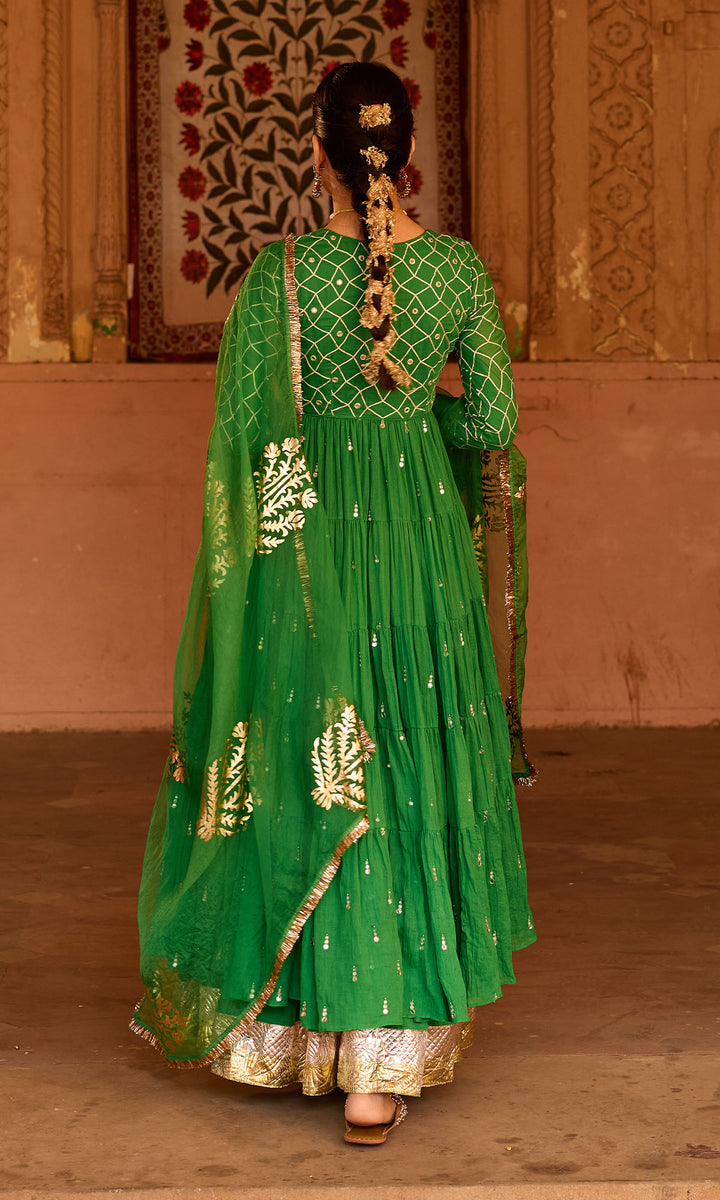 Phillauri 2 green gota work yoke anarkali with sharara and foil print dupatta (set of 3)