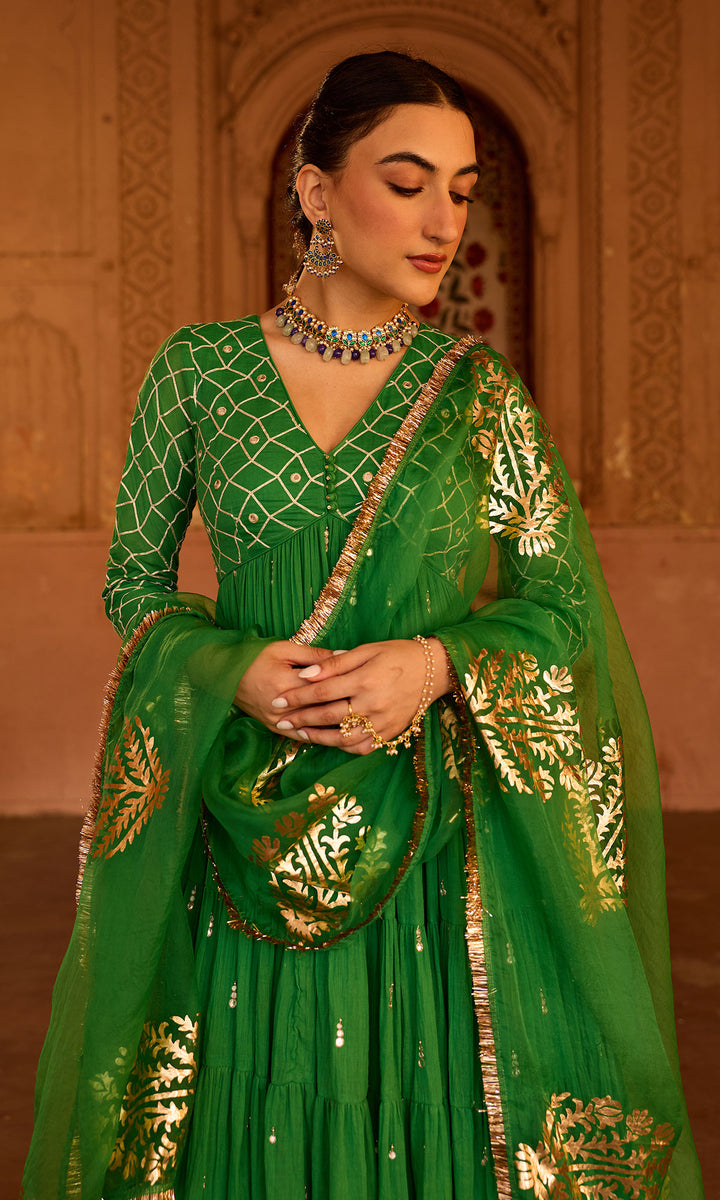 Phillauri 2 green gota work yoke anarkali with sharara and foil print dupatta (set of 3)
