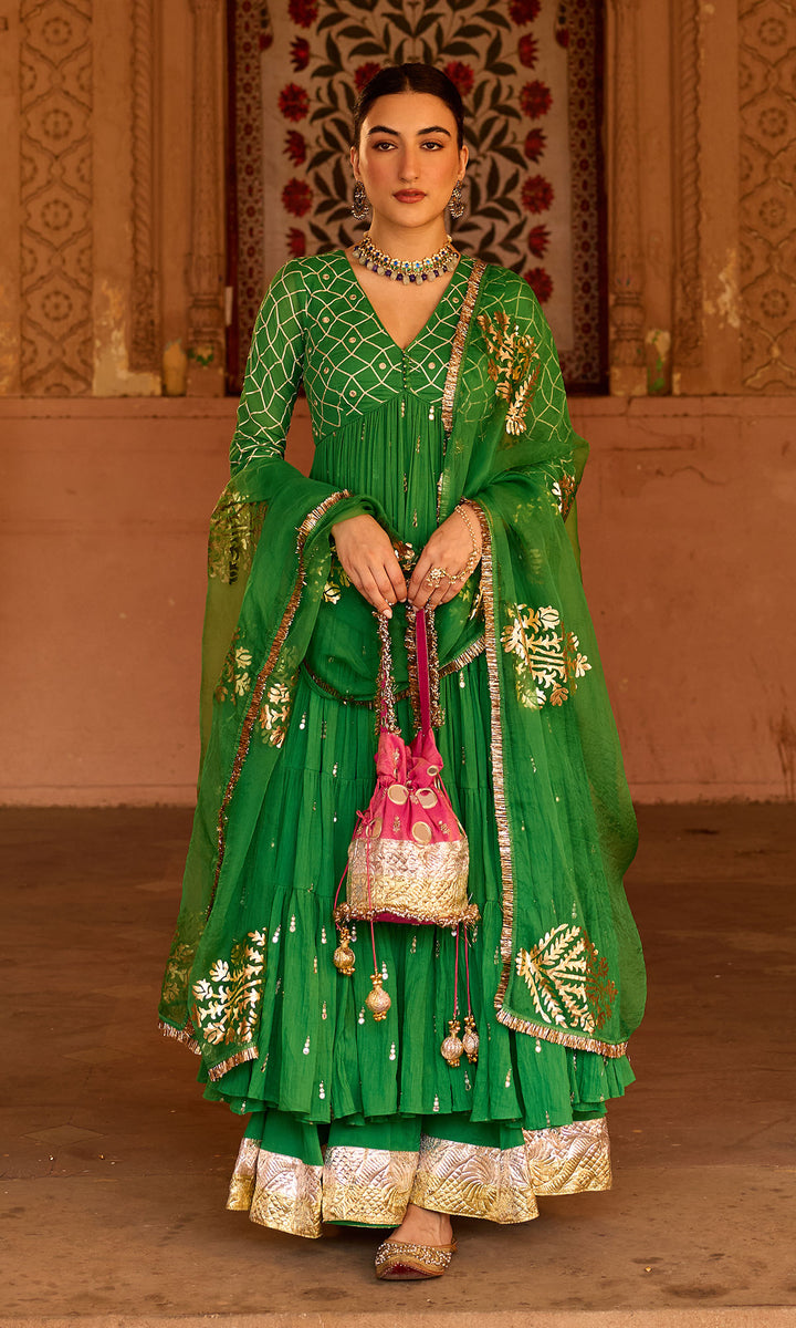 Phillauri 2 green gota work yoke anarkali with sharara and foil print dupatta (set of 3)