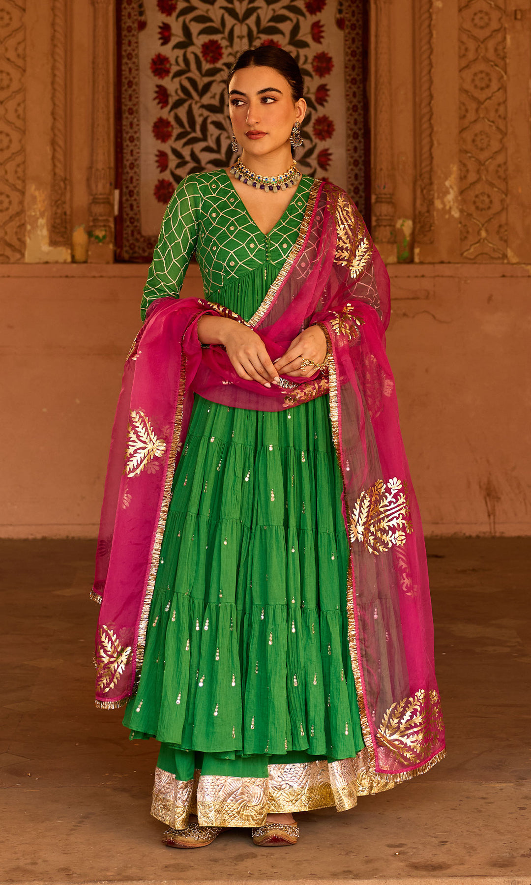 Phillauri 2 green gota work yoke anarkali with sharara and foil print dupatta (set of 3)