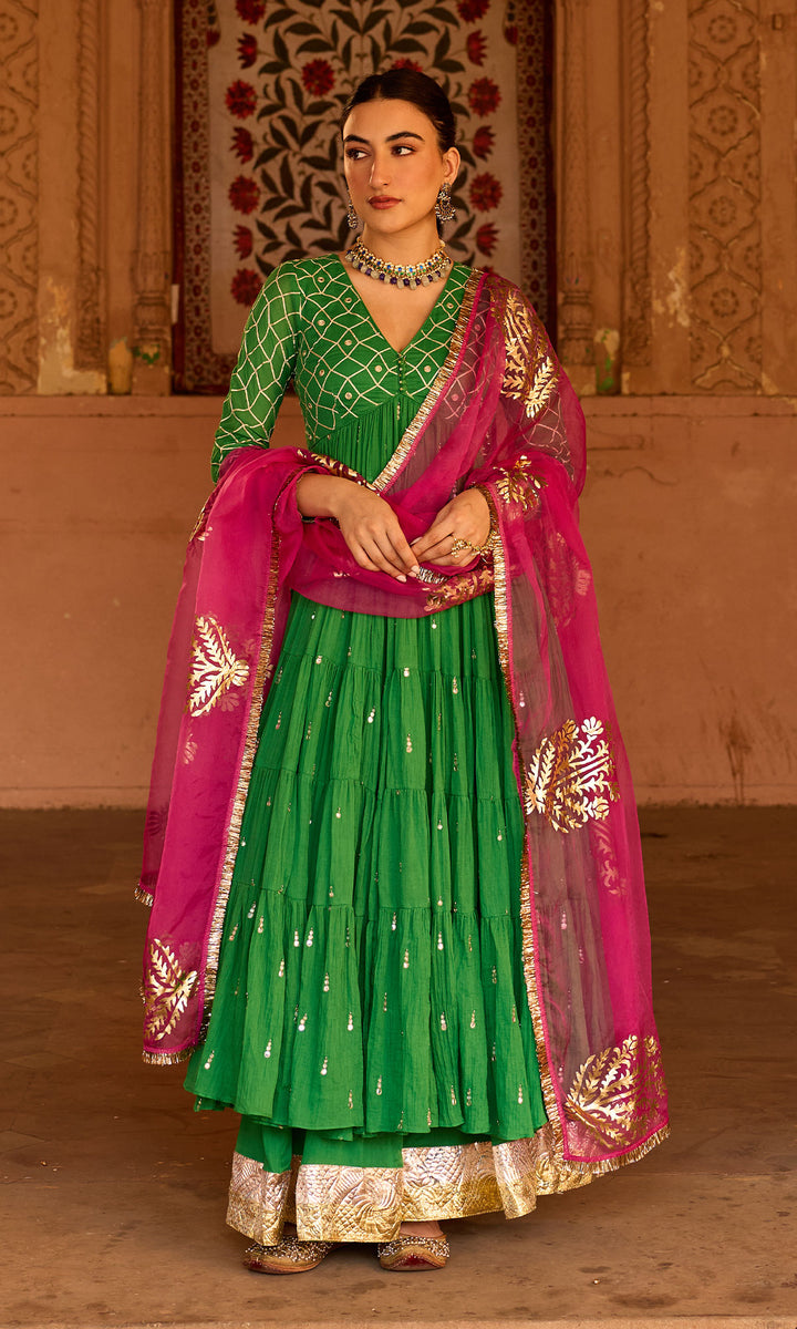 Phillauri 2 green gota work yoke anarkali with sharara and foil print dupatta (set of 3)