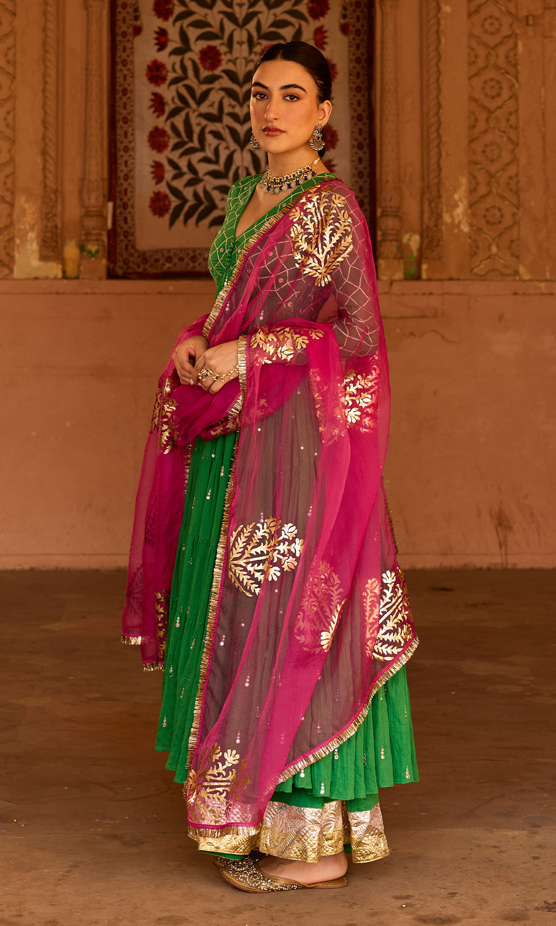 Phillauri 2 green gota work yoke anarkali with sharara and foil print dupatta (set of 3)