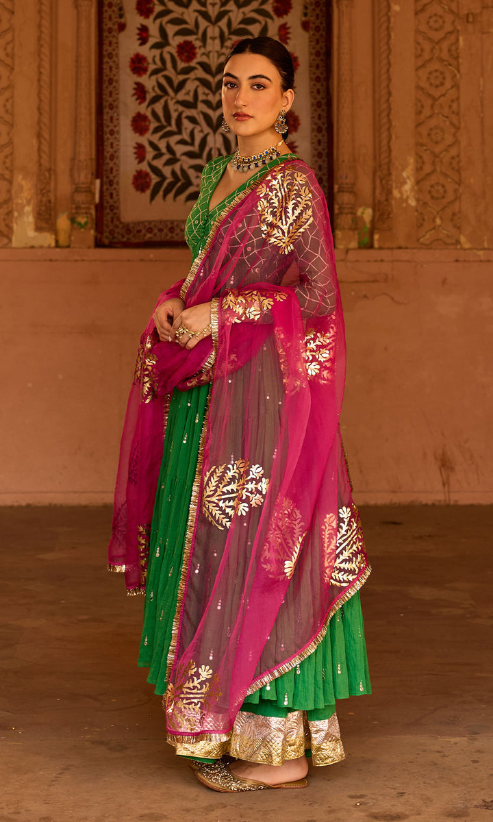 Phillauri 2 green gota work yoke anarkali with sharara and foil print dupatta (set of 3)