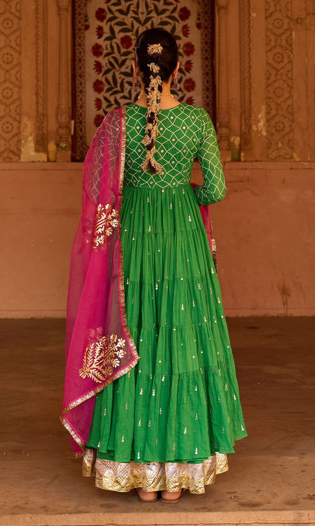 Phillauri 2 green gota work yoke anarkali with sharara and foil print dupatta (set of 3)