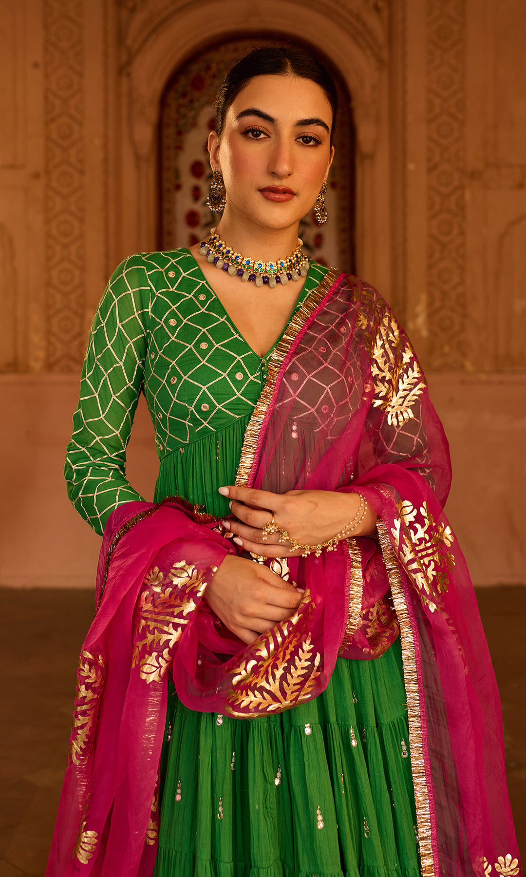 Phillauri 2 green gota work yoke anarkali with sharara and foil print dupatta (set of 3)