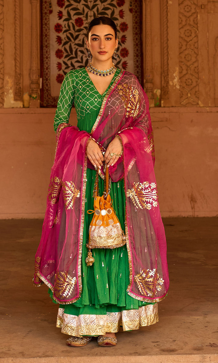 Phillauri 2 green gota work yoke anarkali with sharara and foil print dupatta (set of 3)