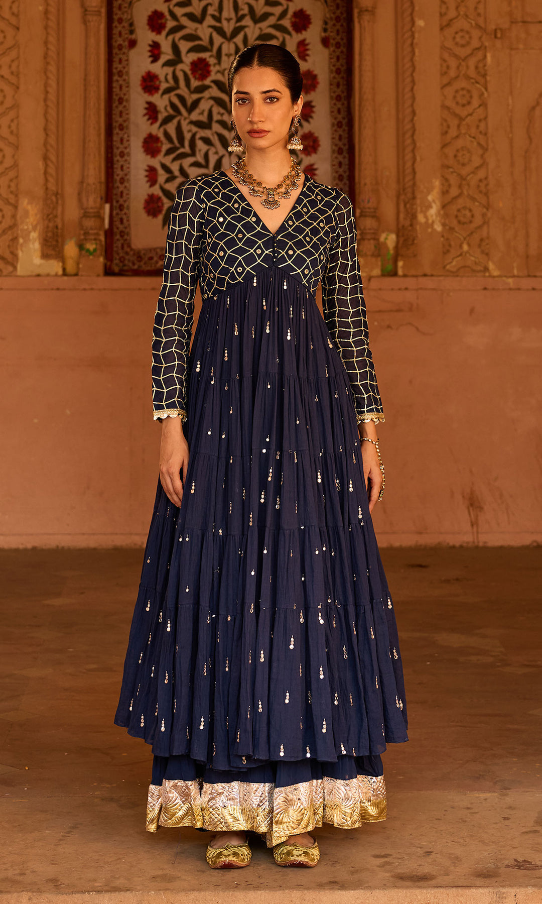 Phillauri 2 navy blue gota work yoke anarkali with sharara and foil print dupatta (set of 3)