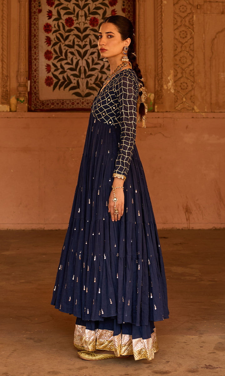 Phillauri 2 navy blue gota work yoke anarkali with sharara and foil print dupatta (set of 3)