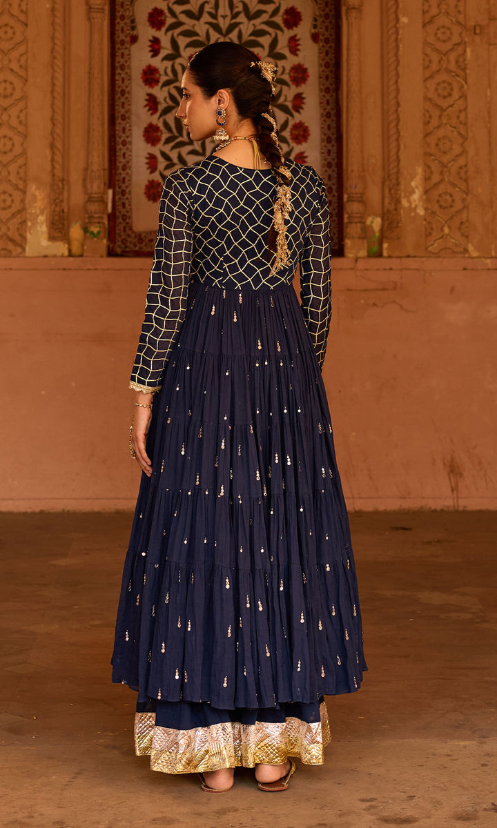 Phillauri 2 navy blue gota work yoke anarkali with sharara and foil print dupatta (set of 3)