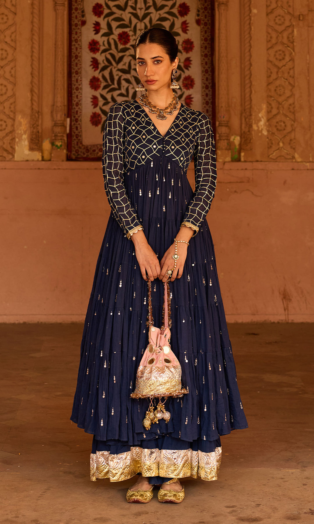 Phillauri 2 navy blue gota work yoke anarkali with sharara and foil print dupatta (set of 3)