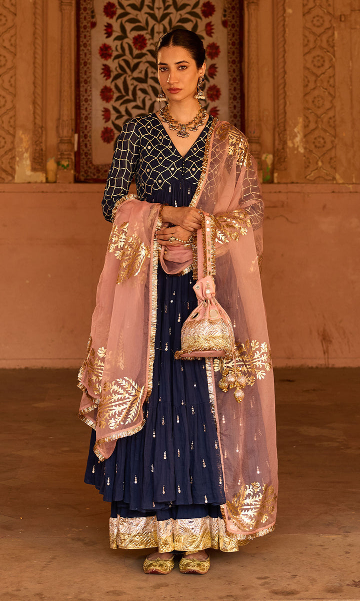 Phillauri 2 navy blue gota work yoke anarkali with sharara and foil print dupatta (set of 3)