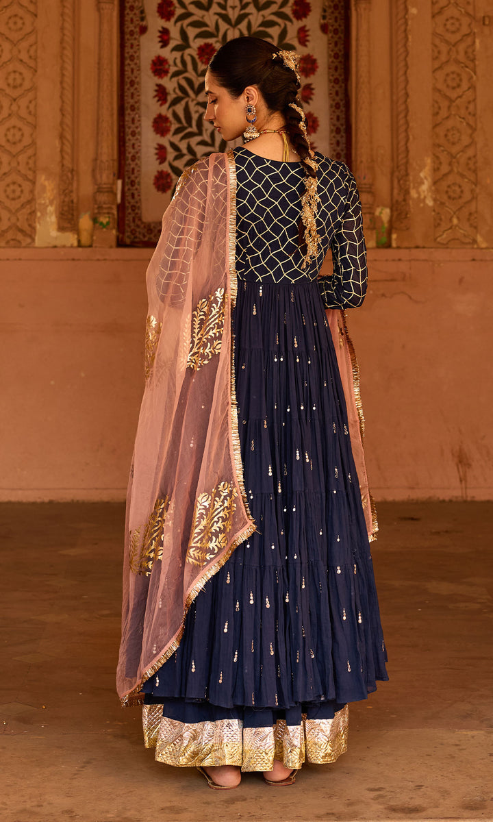 Phillauri 2 navy blue gota work yoke anarkali with sharara and foil print dupatta (set of 3)