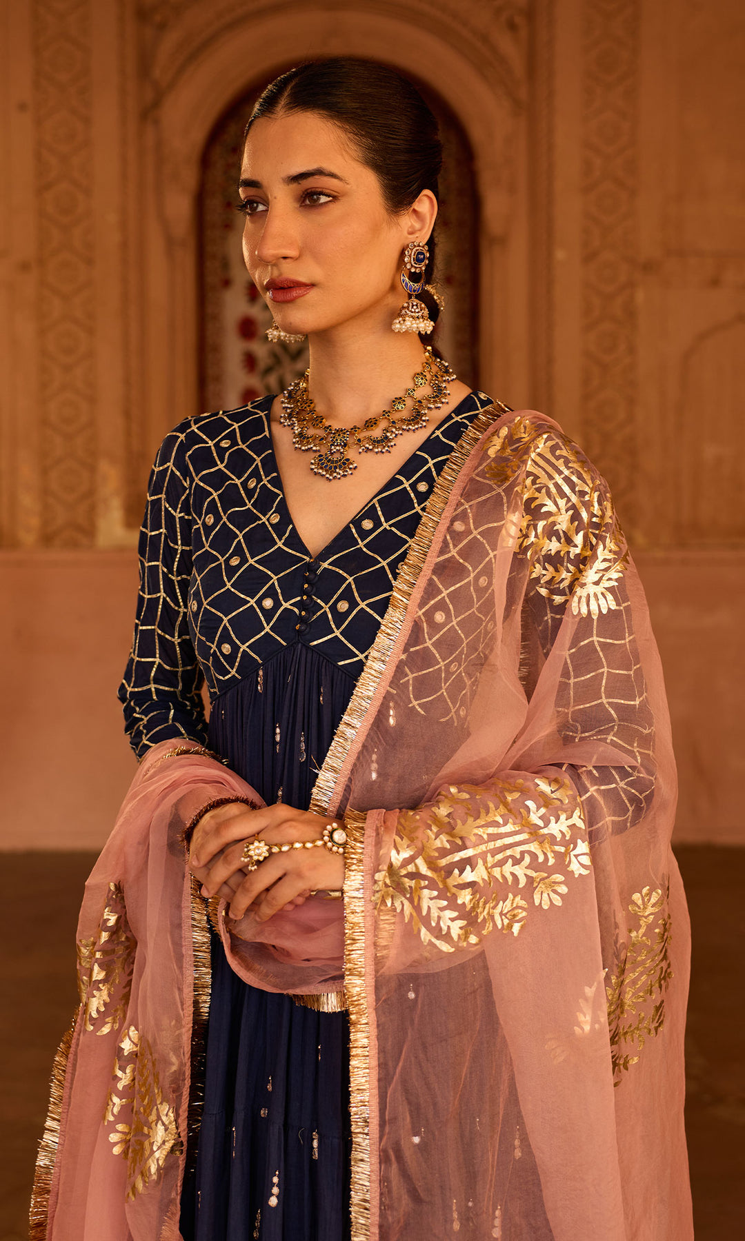 Phillauri 2 navy blue gota work yoke anarkali with sharara and foil print dupatta (set of 3)