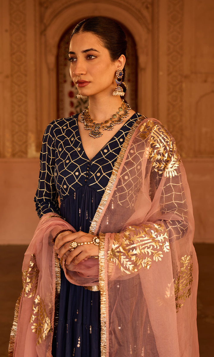 Phillauri 2 navy blue gota work yoke anarkali with sharara and foil print dupatta (set of 3)