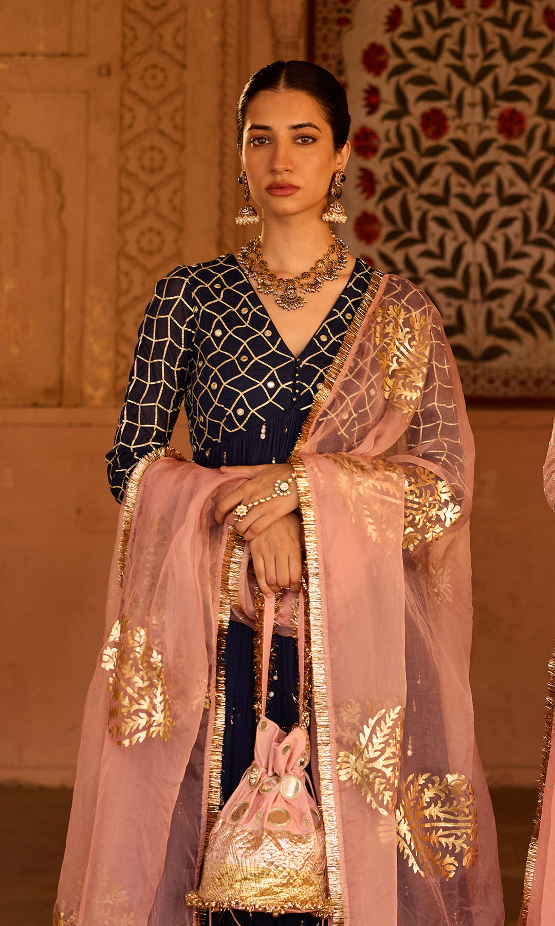 Phillauri 2 navy blue gota work yoke anarkali with sharara and foil print dupatta (set of 3)