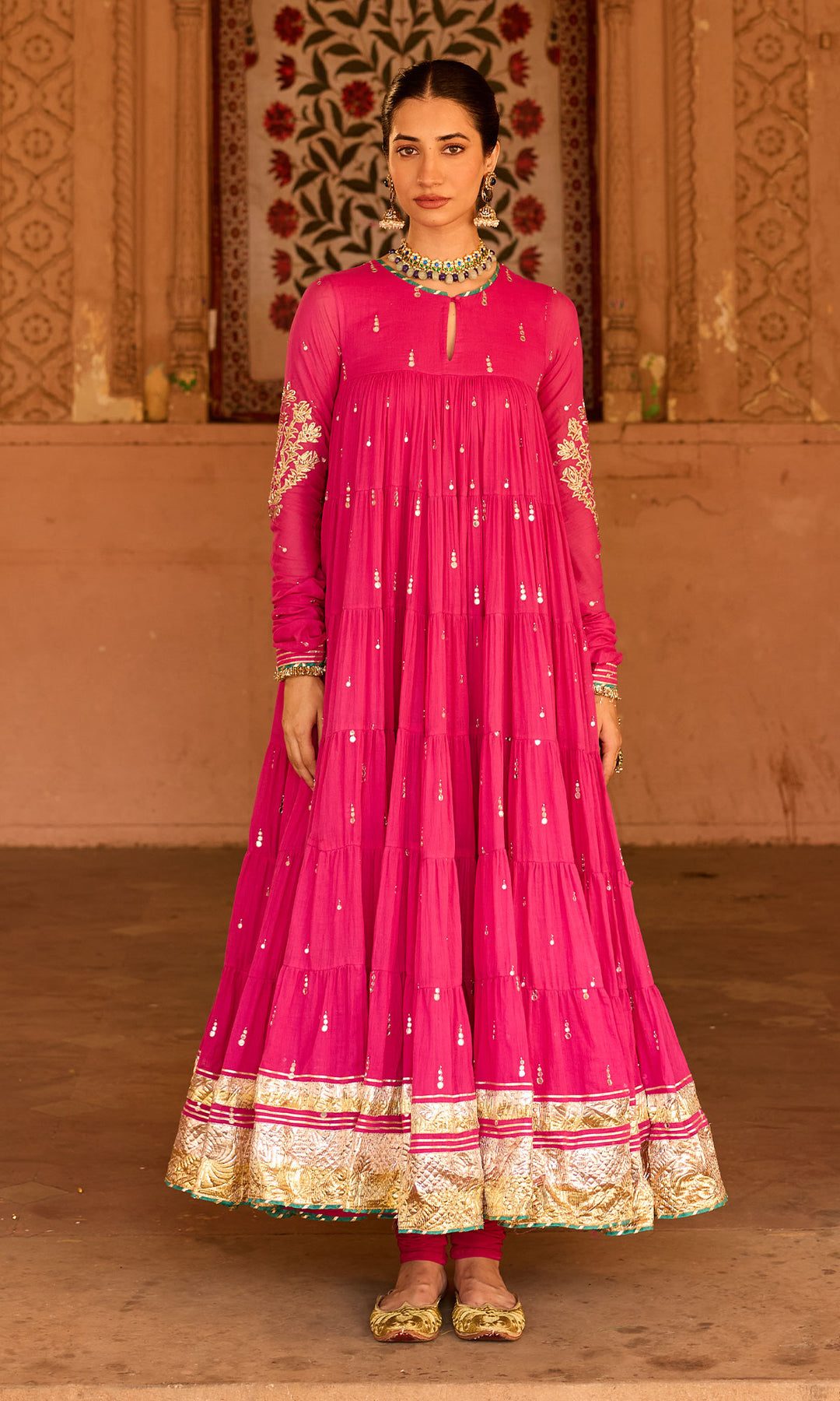 Phillauri 2 rani pink tiered anarkali with chooridar and foil print dupatta (set of 3)