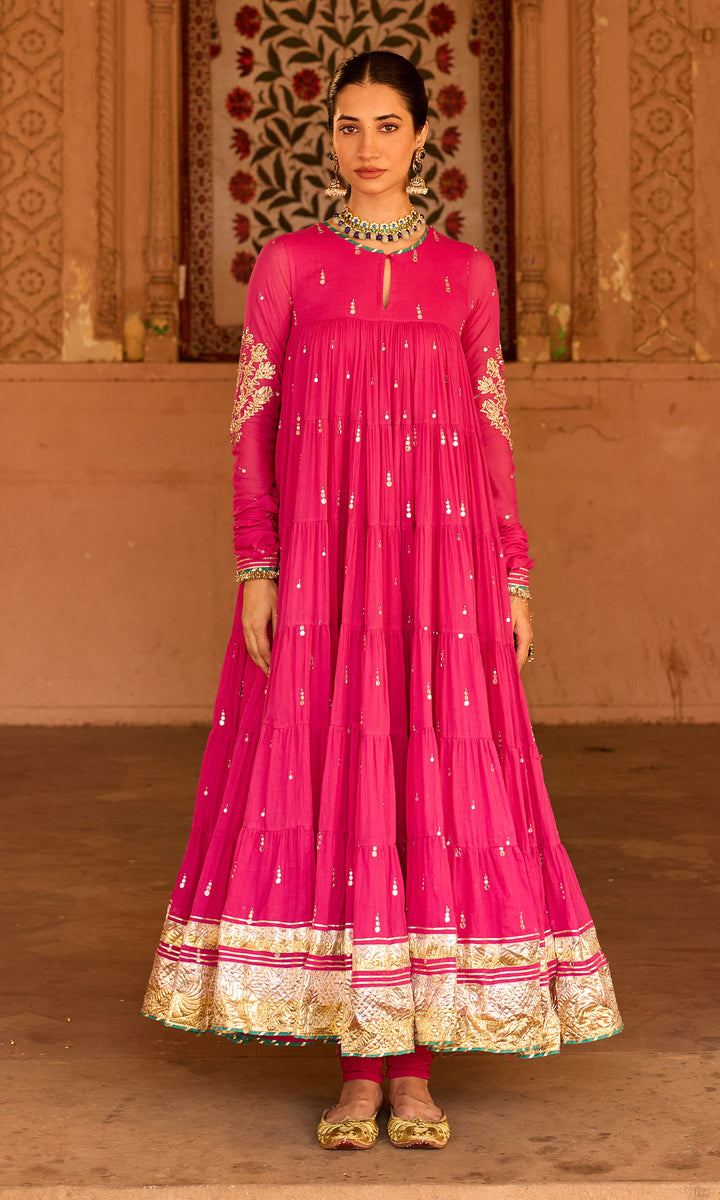 Phillauri 2 rani pink tiered anarkali with chooridar and foil print dupatta (set of 3)