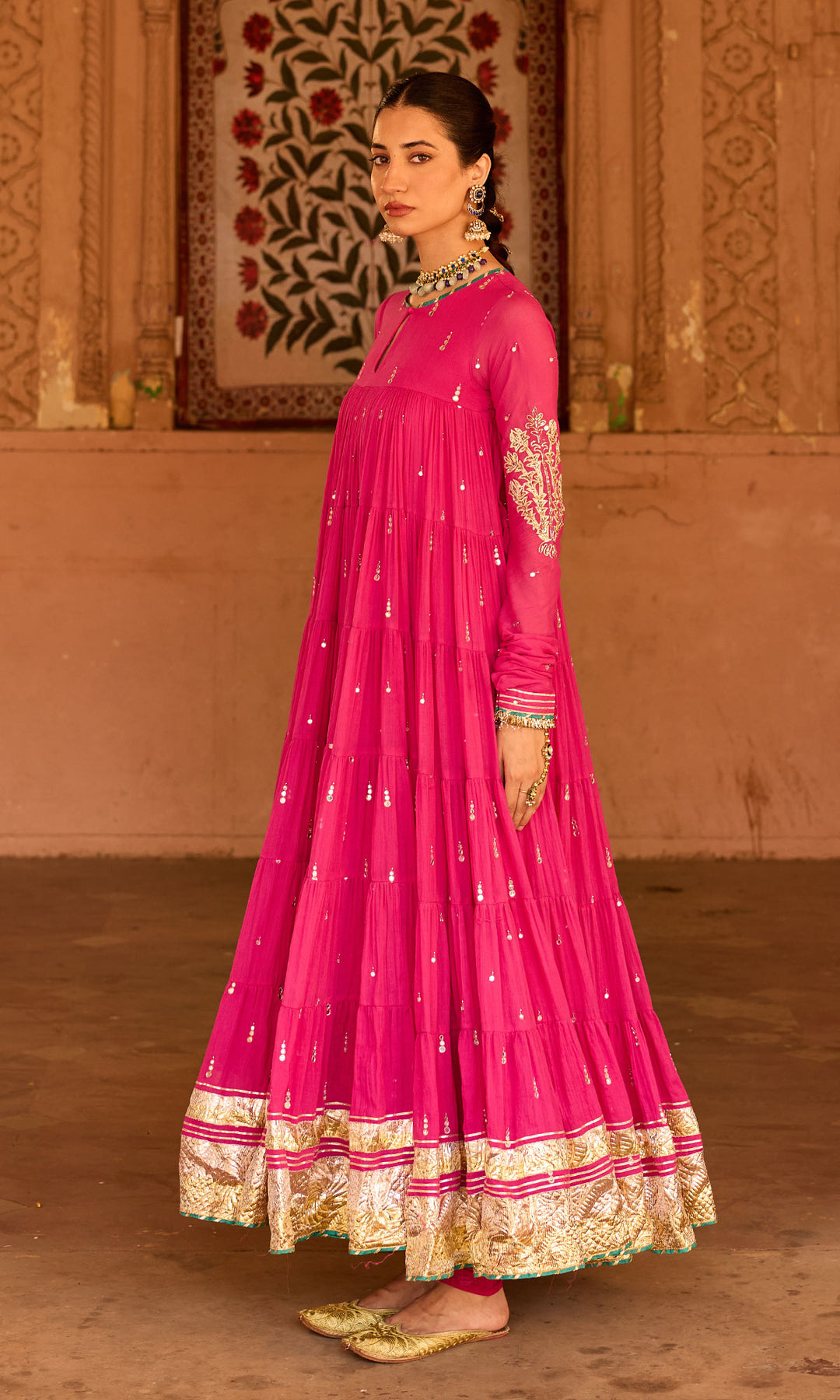 Phillauri 2 rani pink tiered anarkali with chooridar and foil print dupatta (set of 3)