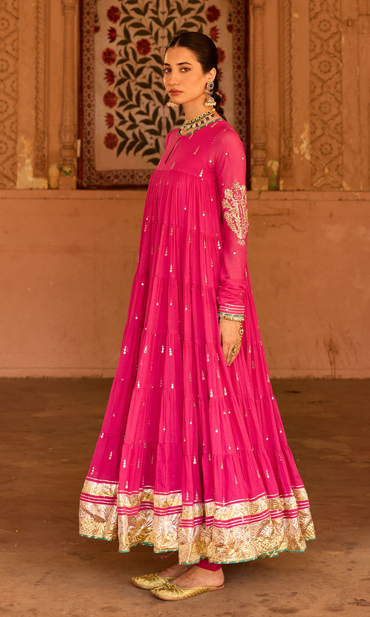 Phillauri 2 rani pink tiered anarkali with chooridar and foil print dupatta (set of 3)