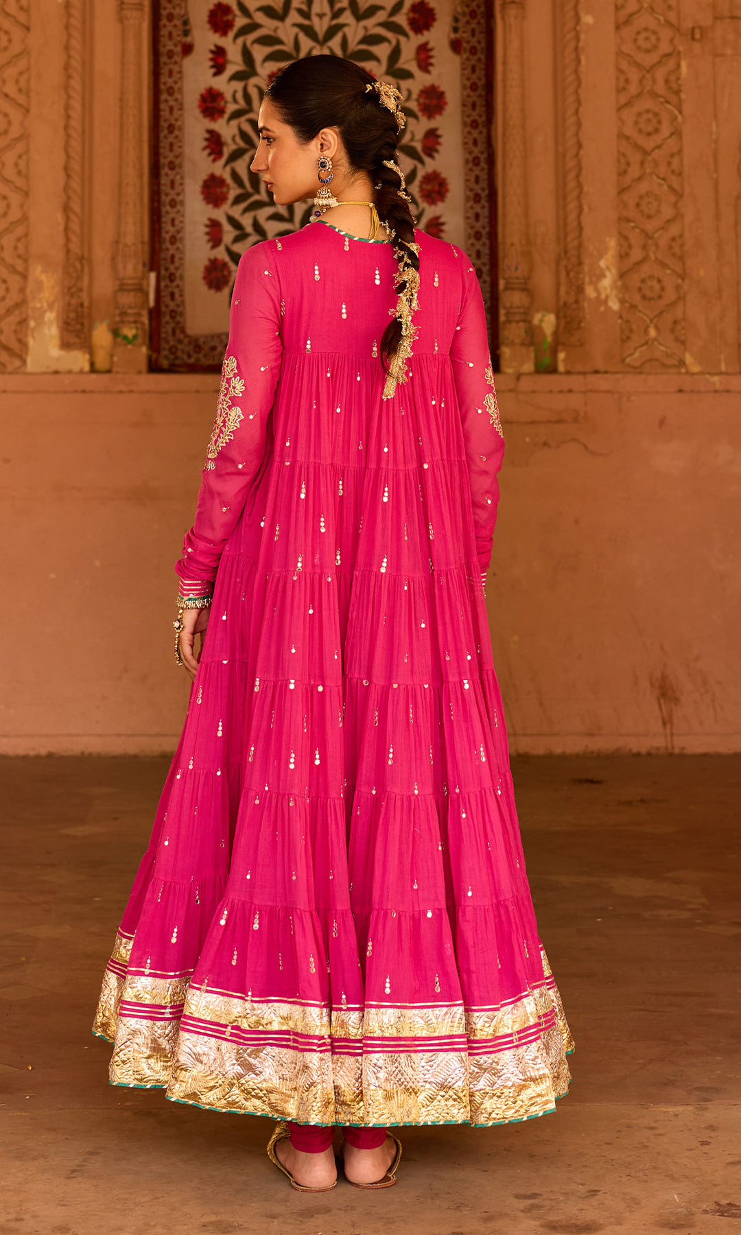 Phillauri 2 rani pink tiered anarkali with chooridar and foil print dupatta (set of 3)