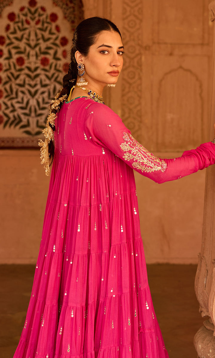 Phillauri 2 rani pink tiered anarkali with chooridar and foil print dupatta (set of 3)