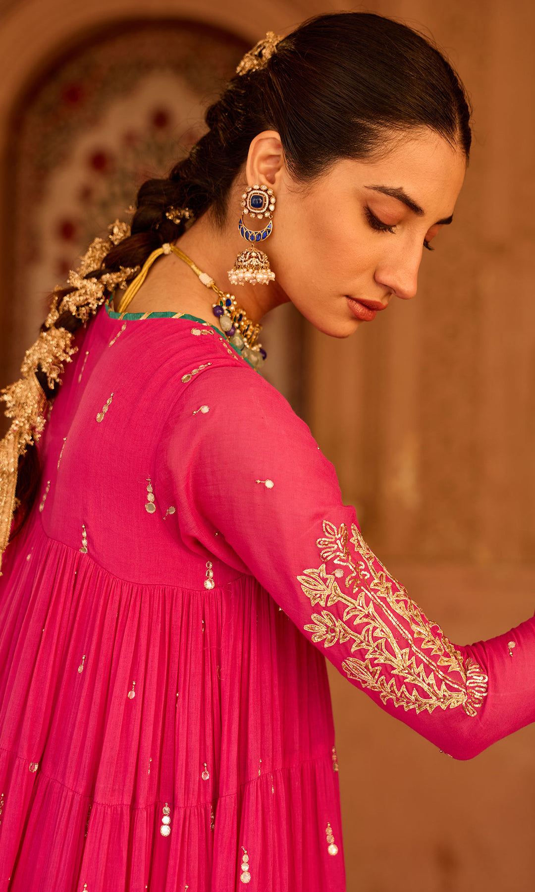 Phillauri 2 rani pink tiered anarkali with chooridar and foil print dupatta (set of 3)