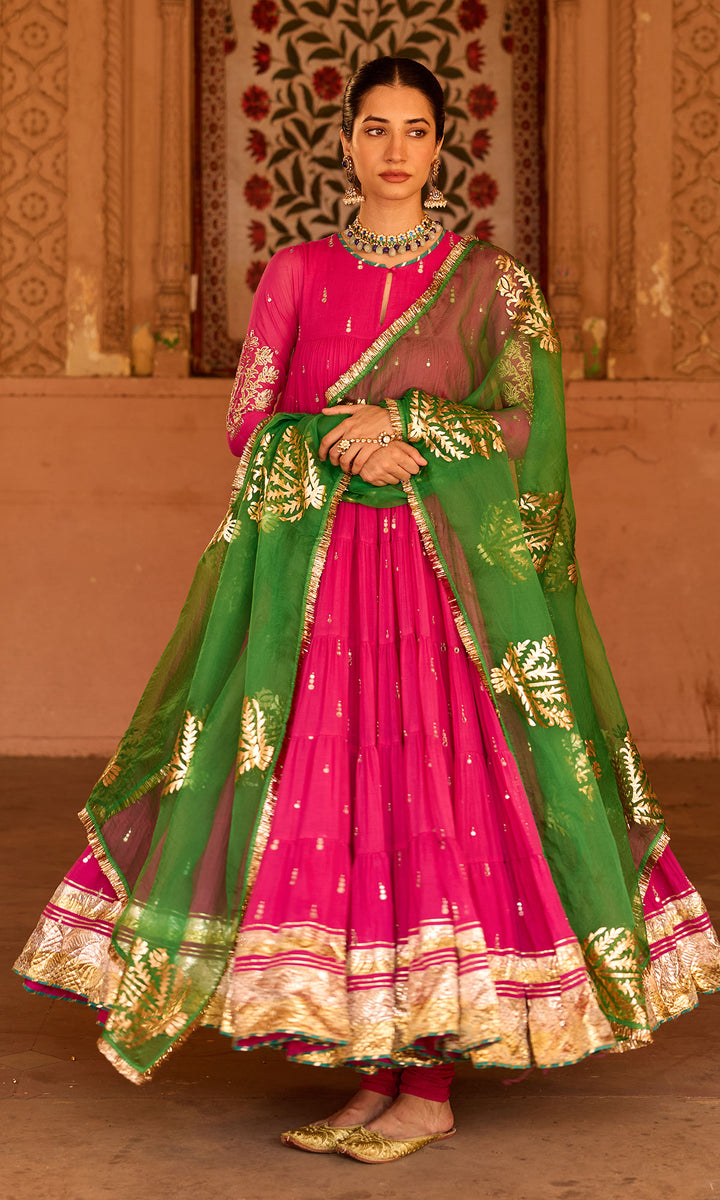 Phillauri 2 rani pink tiered anarkali with chooridar and foil print dupatta (set of 3)