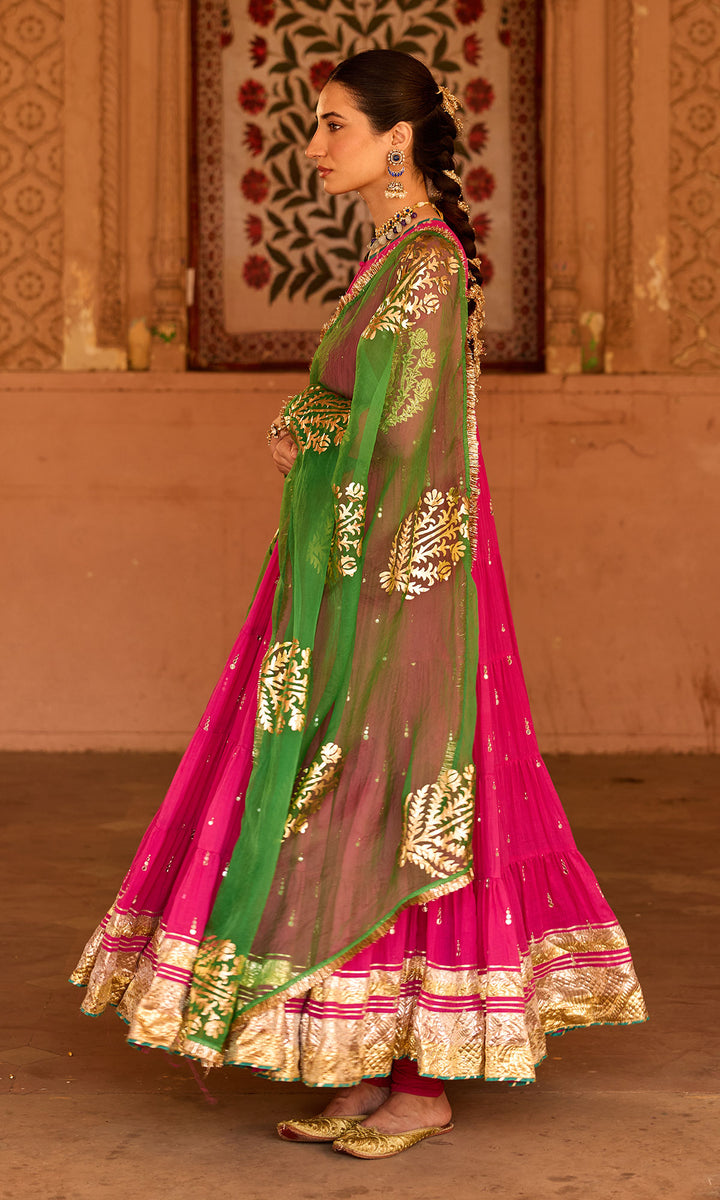 Phillauri 2 rani pink tiered anarkali with chooridar and foil print dupatta (set of 3)