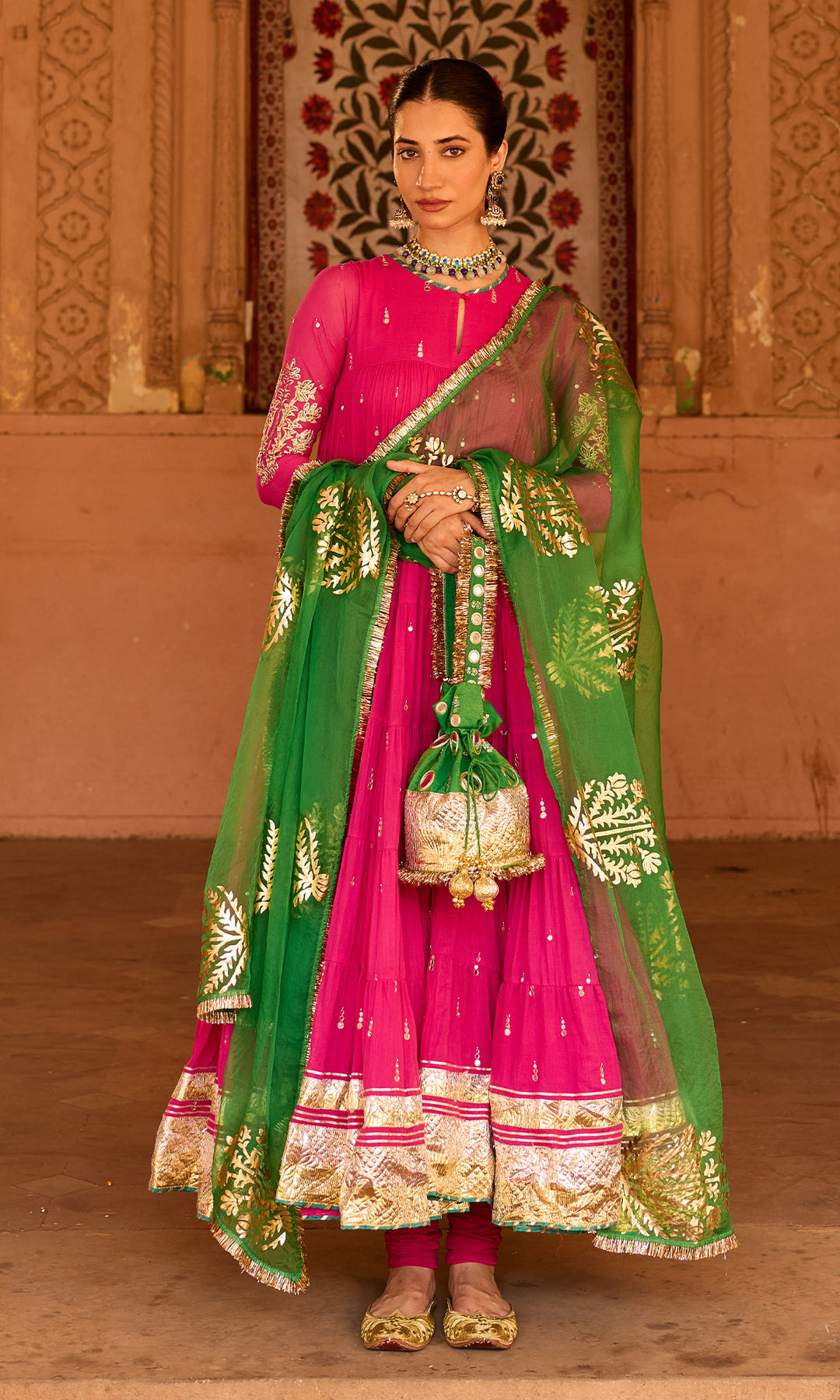 Phillauri 2 rani pink tiered anarkali with chooridar and foil print dupatta (set of 3)