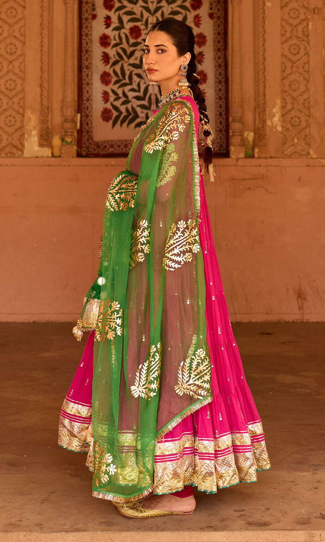 Phillauri 2 rani pink tiered anarkali with chooridar and foil print dupatta (set of 3)