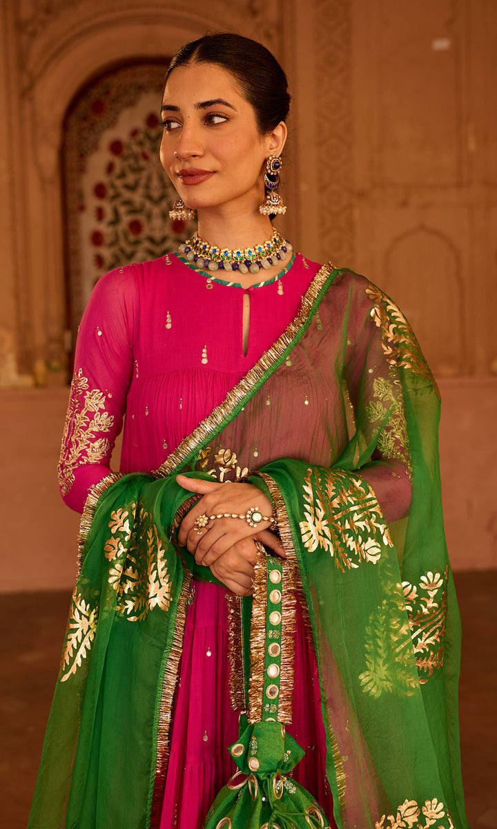 Phillauri 2 rani pink tiered anarkali with chooridar and foil print dupatta (set of 3)