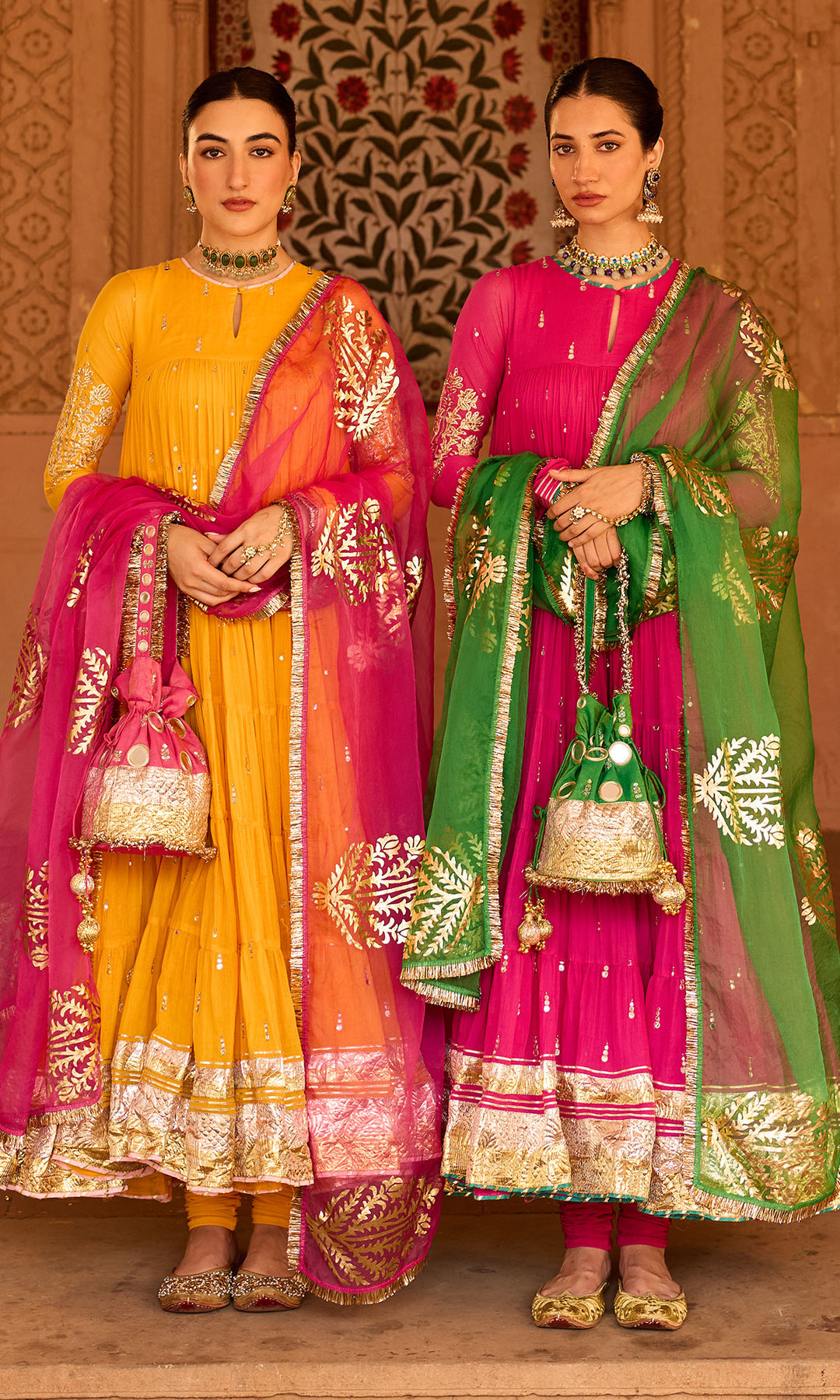 Phillauri 2 rani pink tiered anarkali with chooridar and foil print dupatta (set of 3)