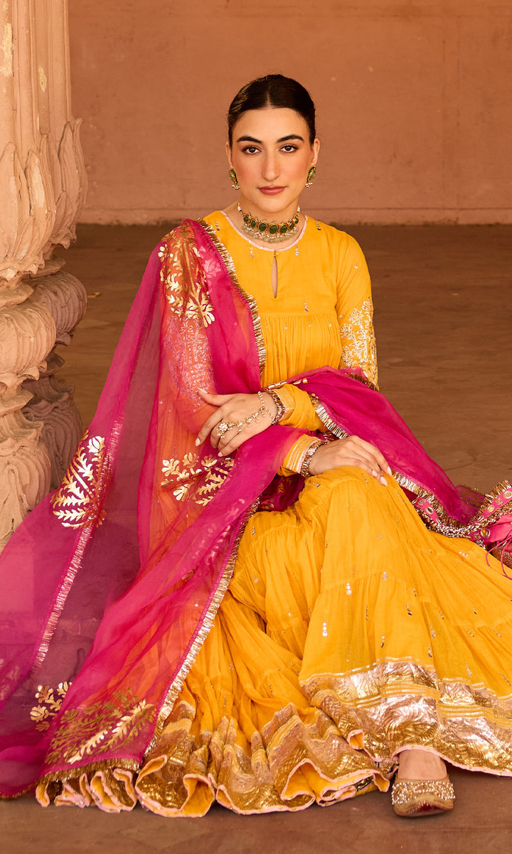 Phillauri 2 mustard yellow tiered anarkali with chooridar and foil print dupatta (set of 3)