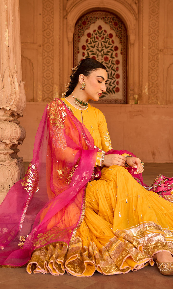 Phillauri 2 mustard yellow tiered anarkali with chooridar and foil print dupatta (set of 3)