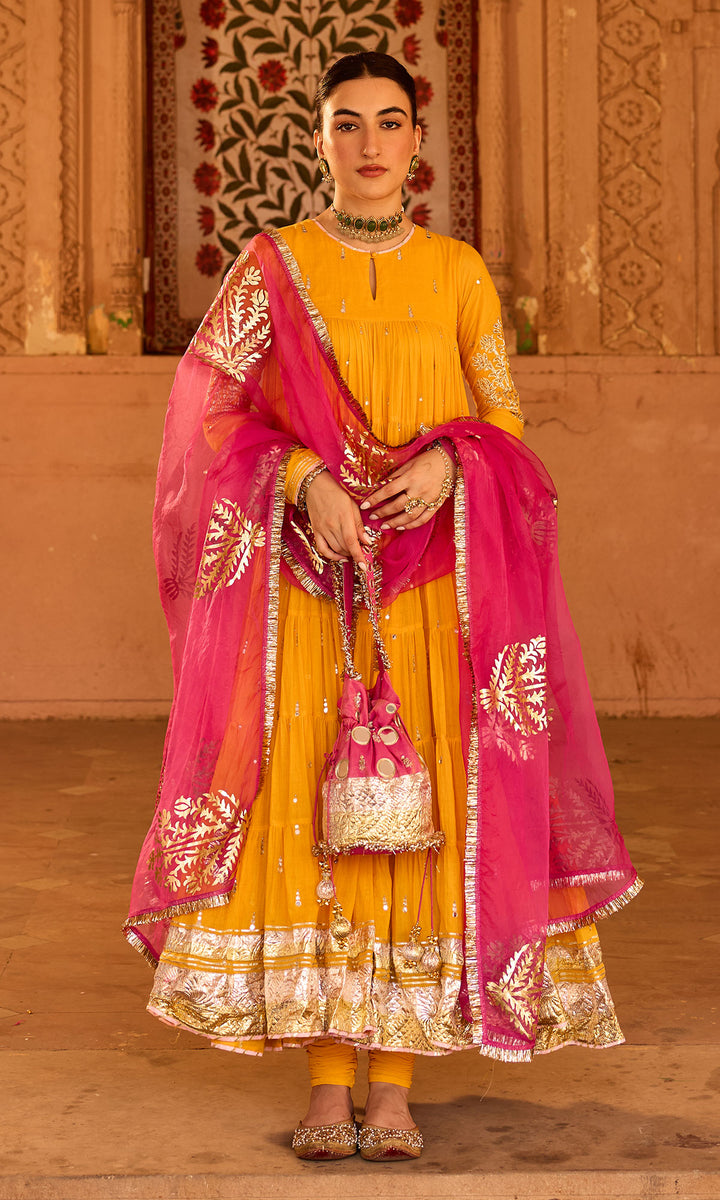Phillauri 2 mustard yellow tiered anarkali with chooridar and foil print dupatta (set of 3)