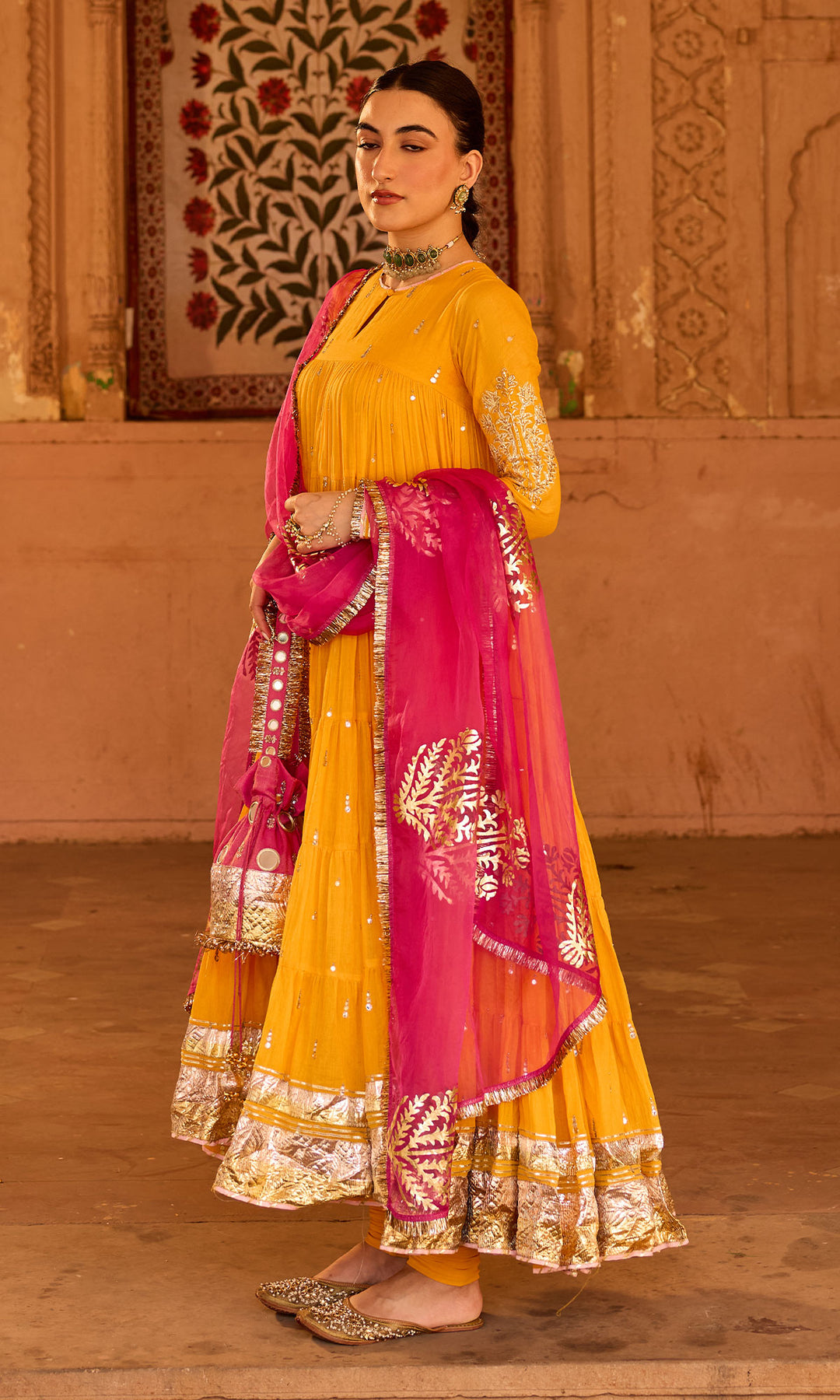 Phillauri 2 mustard yellow tiered anarkali with chooridar and foil print dupatta (set of 3)