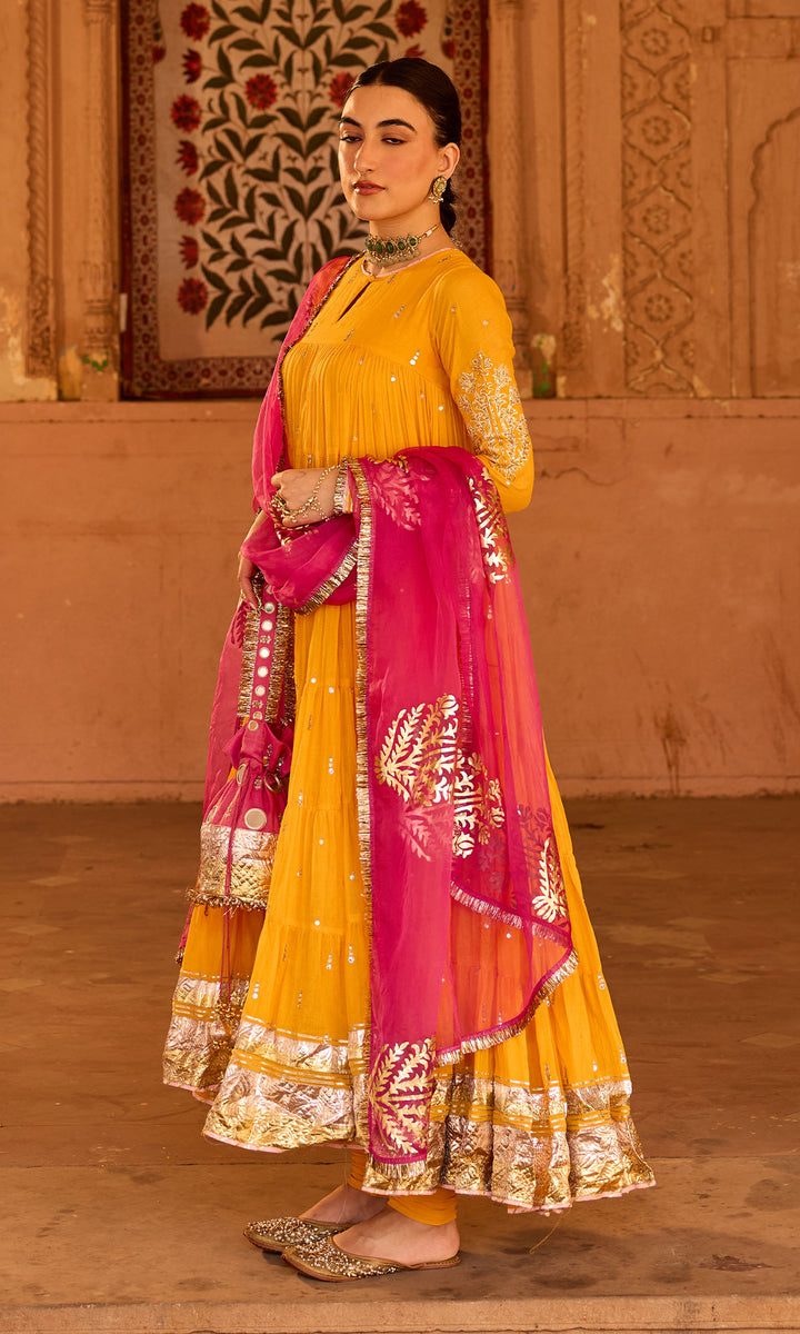 Phillauri 2 mustard yellow tiered anarkali with chooridar and foil print dupatta (set of 3)