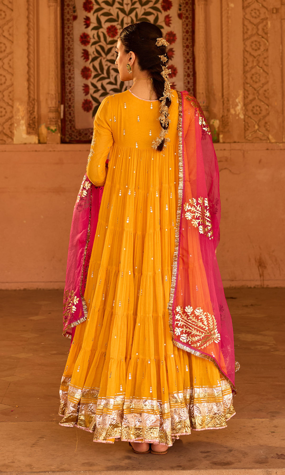 Phillauri 2 mustard yellow tiered anarkali with chooridar and foil print dupatta (set of 3)