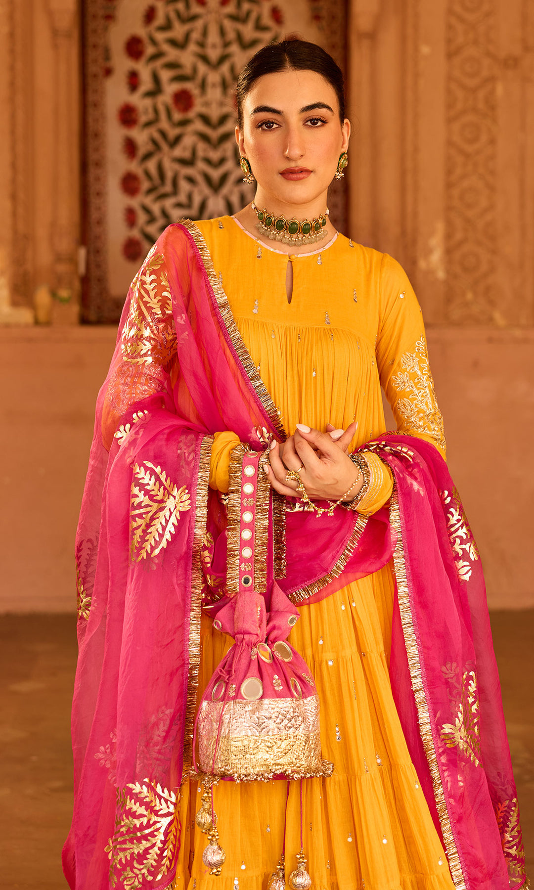 Phillauri 2 mustard yellow tiered anarkali with chooridar and foil print dupatta (set of 3)