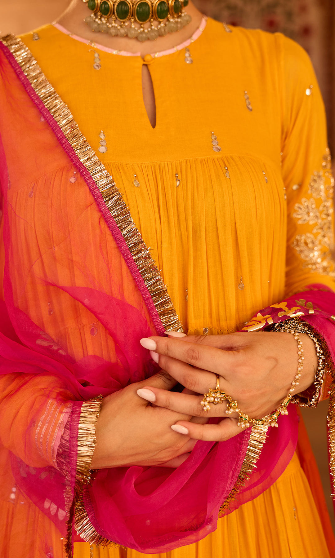 Phillauri 2 mustard yellow tiered anarkali with chooridar and foil print dupatta (set of 3)