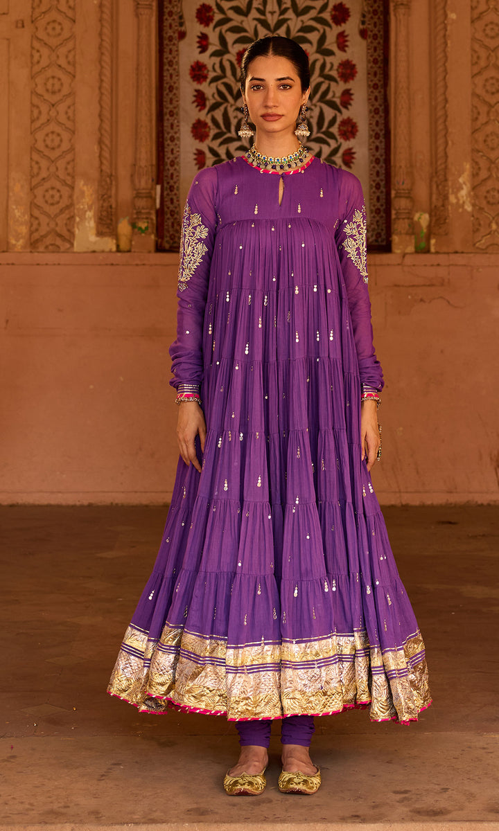 Phillauri 2 purple tiered anarkali with chooridar and foil print dupatta (set of 3)
